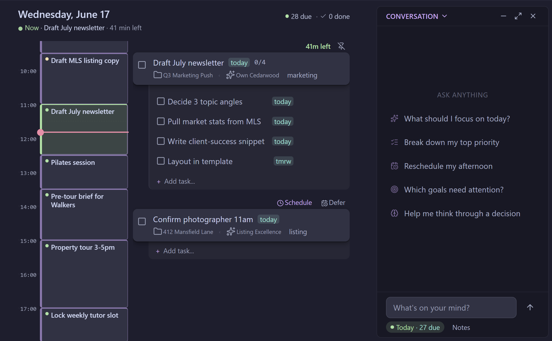 The 1Mynd app — a day's schedule and tasks alongside an AI conversation panel, all in one connected workspace.